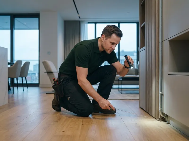 Kammerjäger prüft mit Taschenlampe die Fuge zwischen Einbauschrank und Holzboden in einer modernen Wohnung auf Mäusespuren