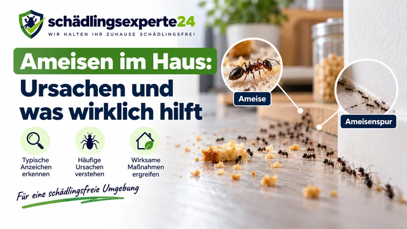 Titelbild: Ameisenstraße über Küchenboden mit Lupenansicht einer Ameise und Ameisenspur
