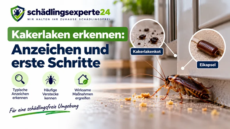 Titelbild: Kakerlake an der Fußleiste mit Lupenansicht von Kakerlakenkot und Eikapsel