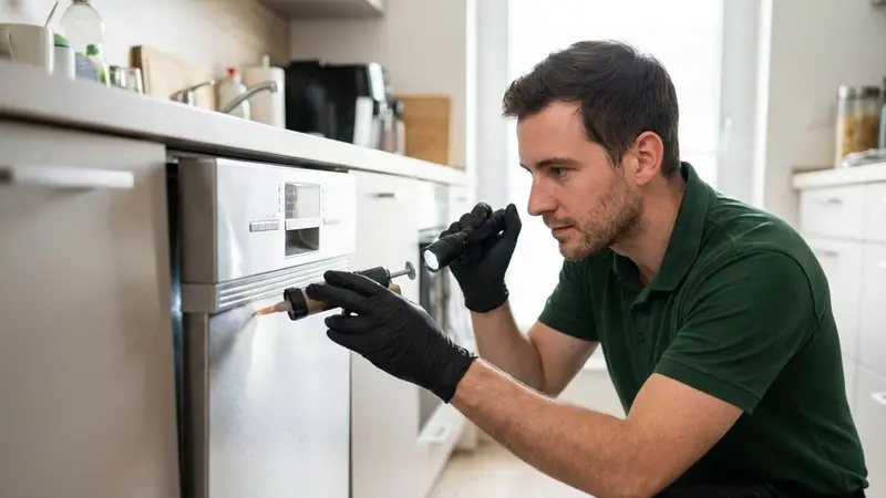 Kammerjäger setzt Gelköder in den Spalt neben der Spülmaschine