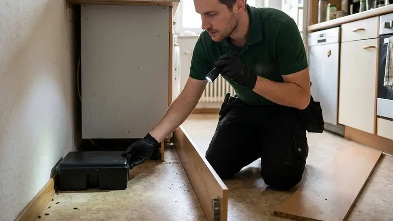 Kammerjäger stellt eine verschlossene Köderbox hinter den Küchensockel