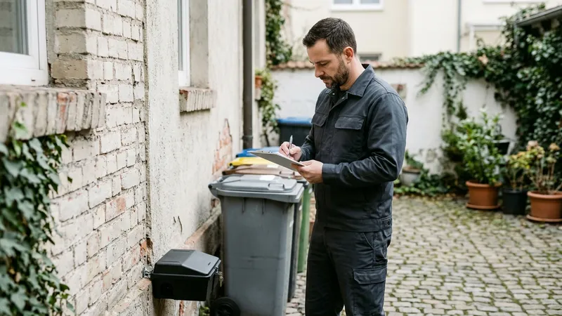 Kammerjäger dokumentiert eine verschlossene Köderstation an der Hauswand neben Mülltonnen