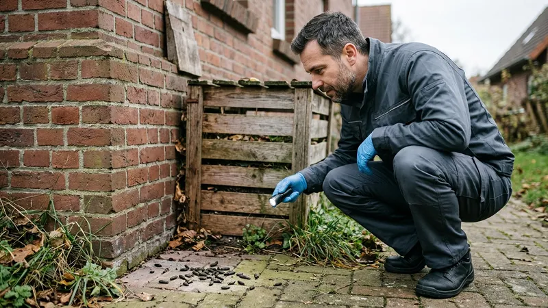 Kammerjäger zeigt mit Handschuhen auf Rattenkot an der Hauswand neben einem Komposter