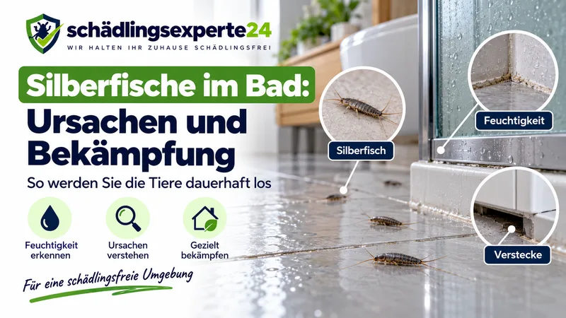 Titelbild: Silberfische auf nassen Badfliesen mit Lupenansicht von Feuchtigkeit und Verstecken
