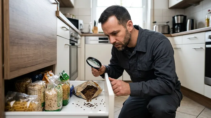Kammerjäger untersucht mit einer Lupe Speckkäfer und Larven neben einer Tüte Tierfutter in einer Küchenschublade