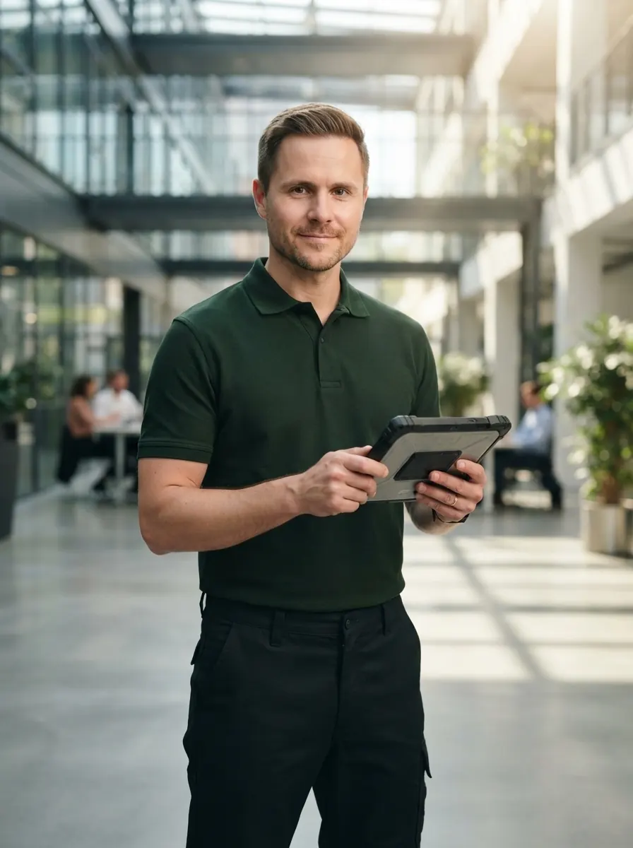 Schädlingsexperte24 Techniker mit Tablet bei einer gewerblichen Inspektion